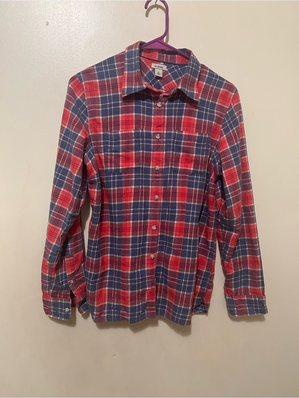 NWOT L.L. Bean Pink & Blue Plaid Flannel Long Sleeve Button-Down Shirt Sz S
